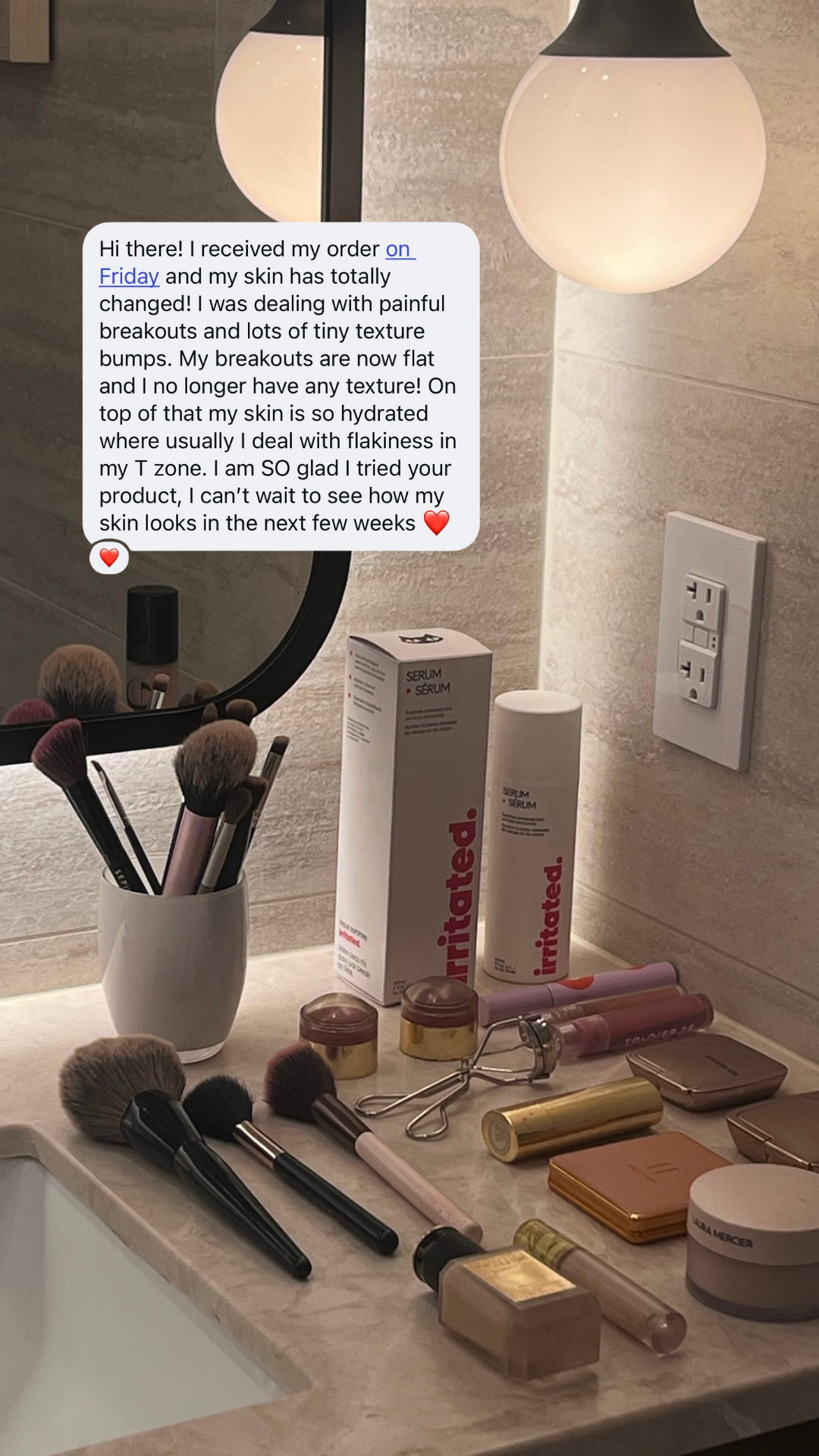 Irritated serum on bathroom vanity non comedogenic fragrance free sensitive skin