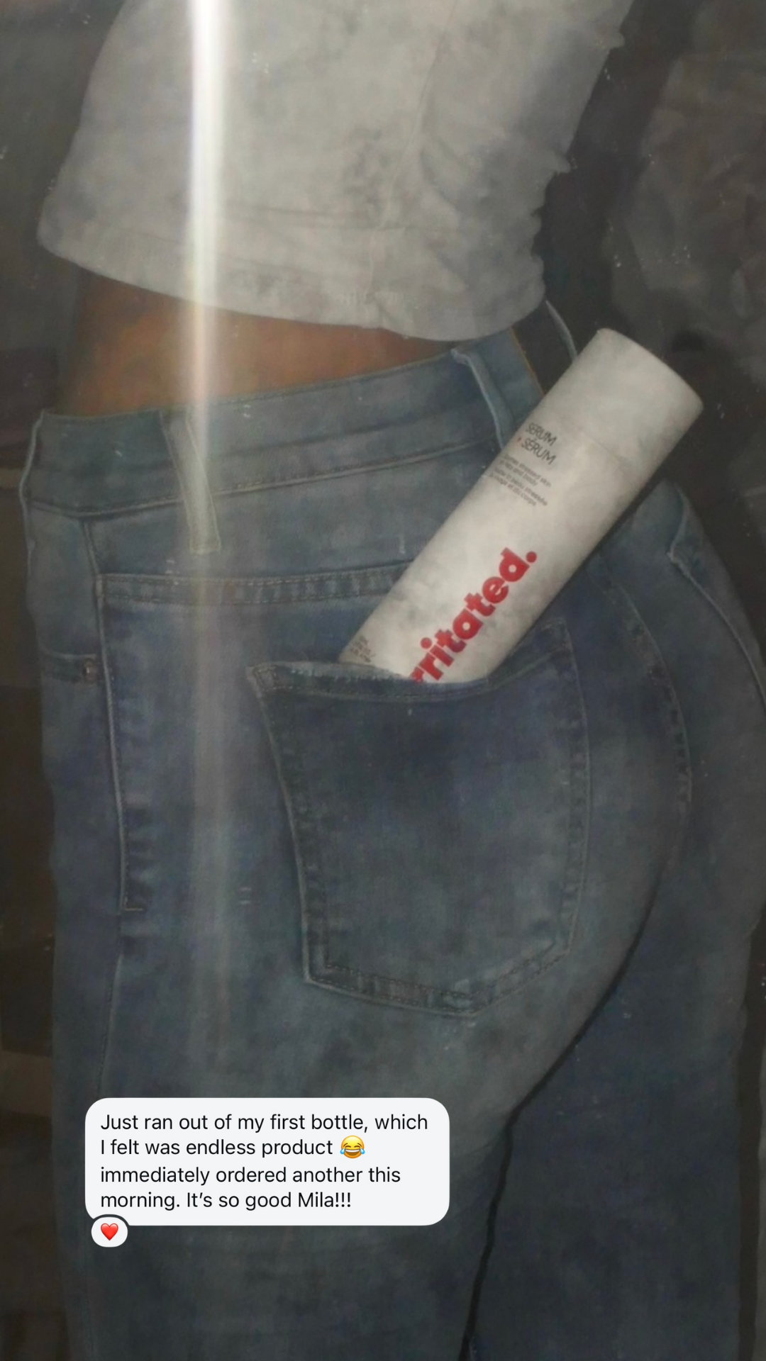 Irritated face and body serum in jeans pocket fragrance free for sensitive skin