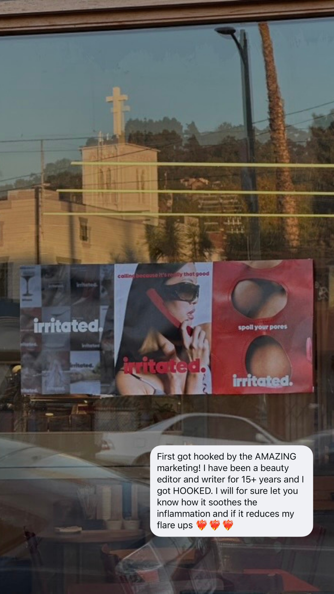 Irritated skincare brand posters in store window calming serum for reactive skin
